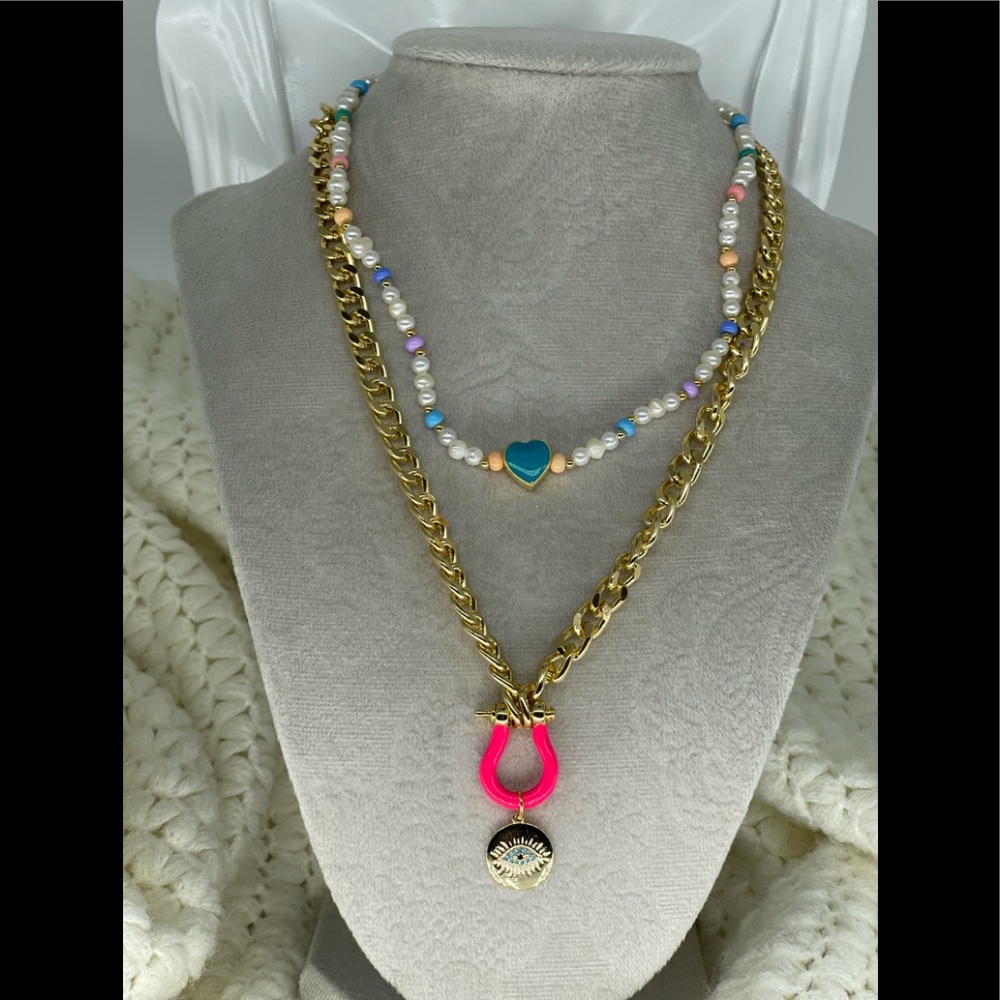 New 18K Gold Filled 2 Piece Layered Gold Necklace 🧿 Mother of Pearl- Neon pink